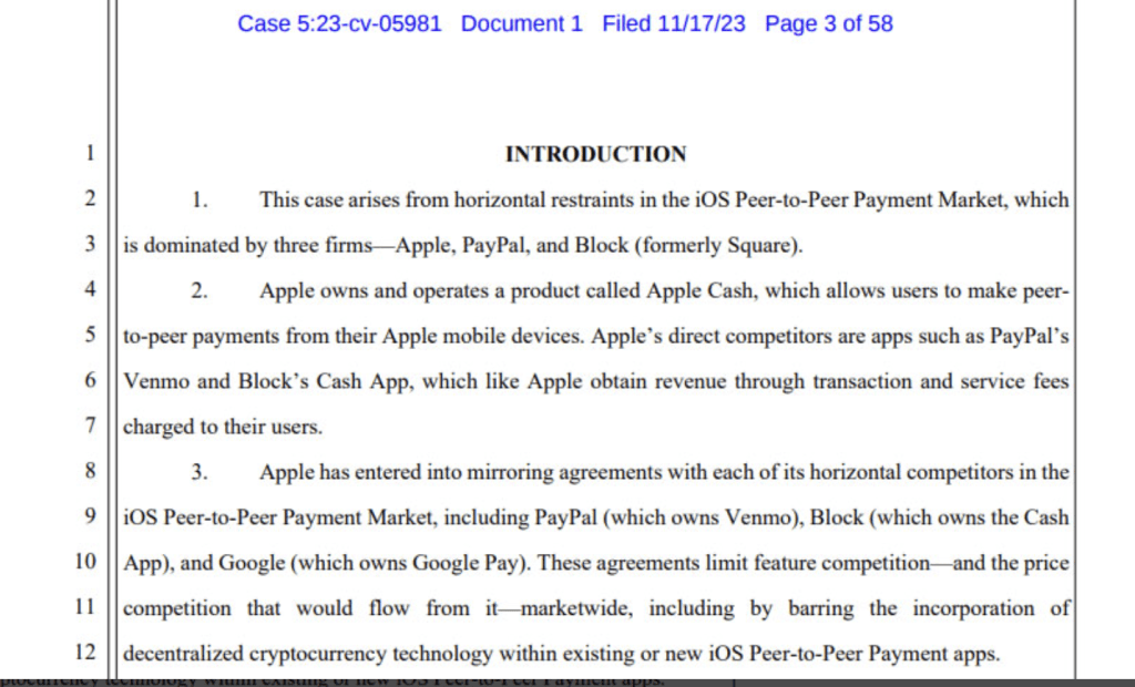 Excerpt from the file allegedly restricting Apple's decentralised payment technology. Source: PACER 